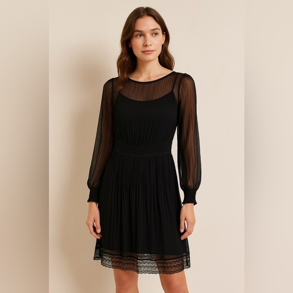 Black Tape Dresses & Skirts - Black Tape NEW Pleated Long Sleeve Black Cocktail Party Dress with Lace- Size XS